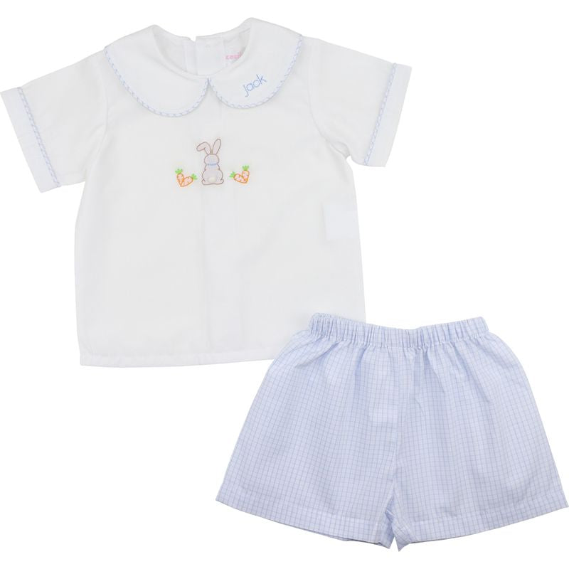 Blue Windowpane Shadow Embroidered Bunny Short Set