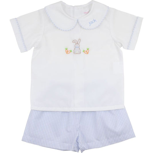 Blue Windowpane Shadow Embroidered Bunny Short Set