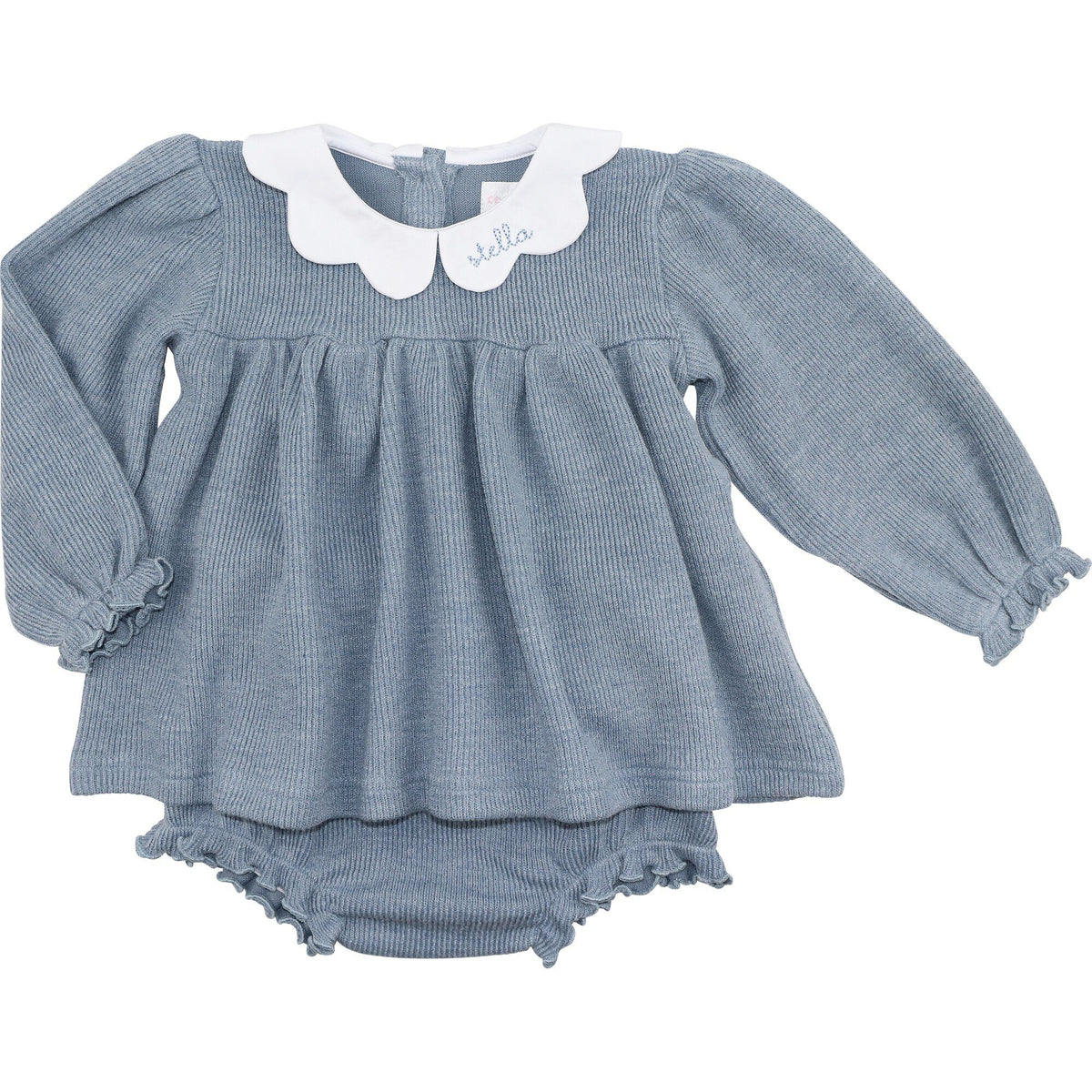 Blue Woven Sweater Scalloped Collar Diaper Set