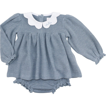 Blue Woven Sweater Scalloped Collar Diaper Set