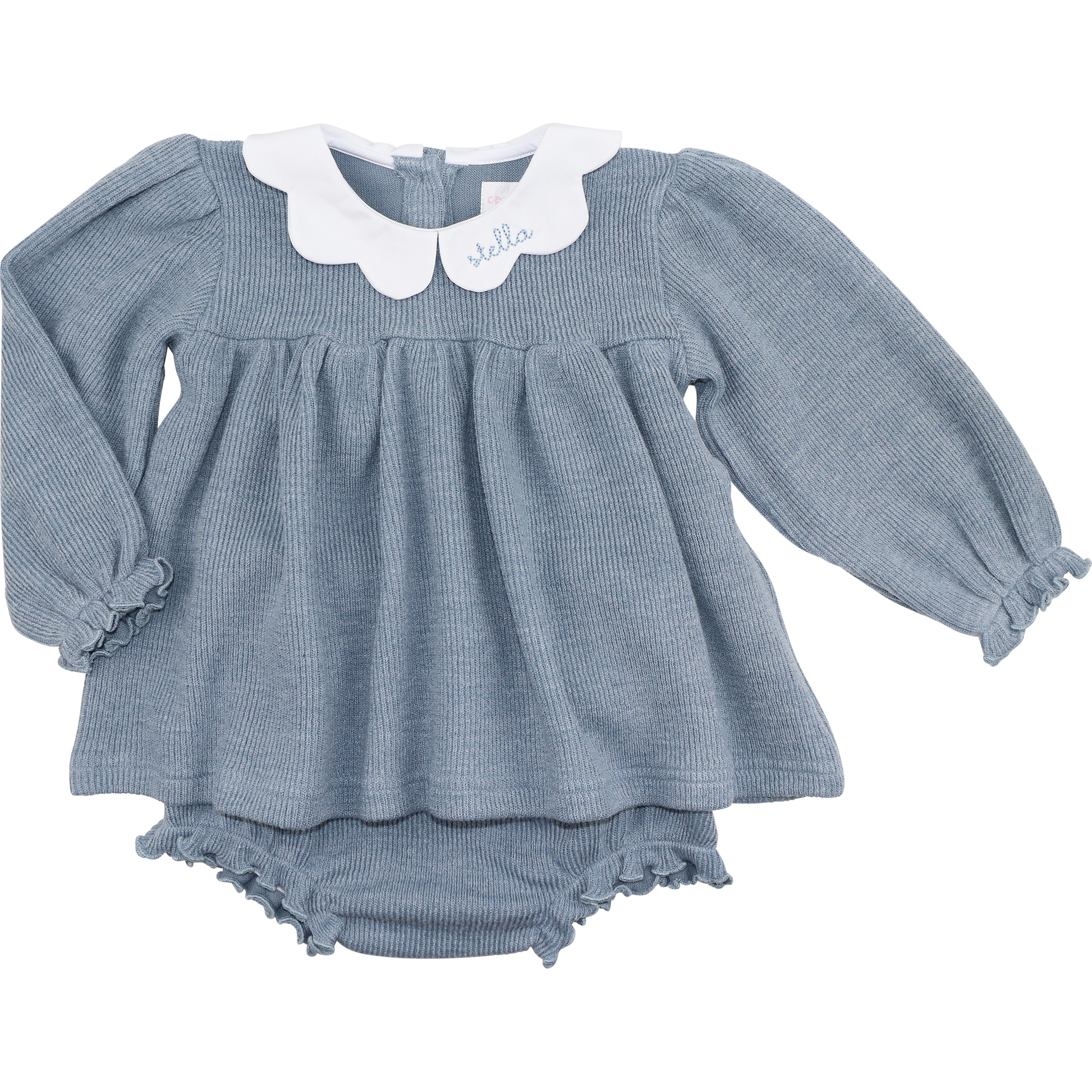Blue Woven Sweater Scalloped Collar Diaper Set
