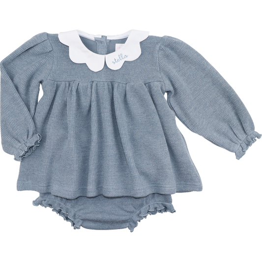 Blue Woven Sweater Scalloped Collar Diaper Set