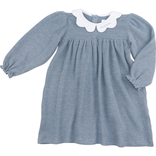 Blue Woven Sweater Scalloped Collar Dress