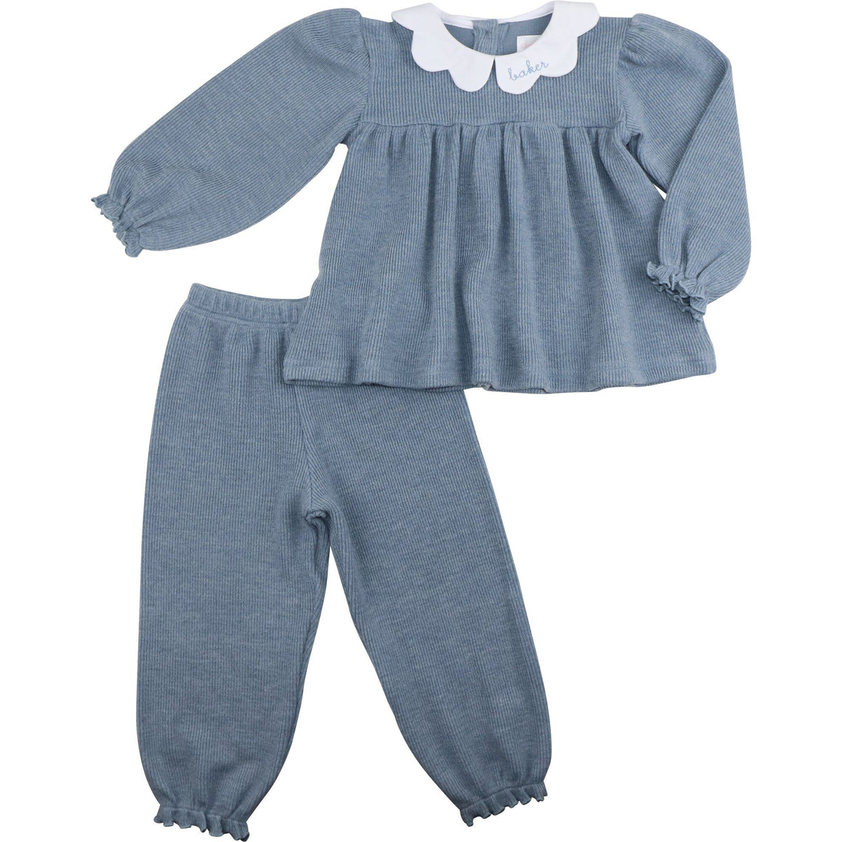 Blue Woven Sweater Scalloped Collar Pant Set