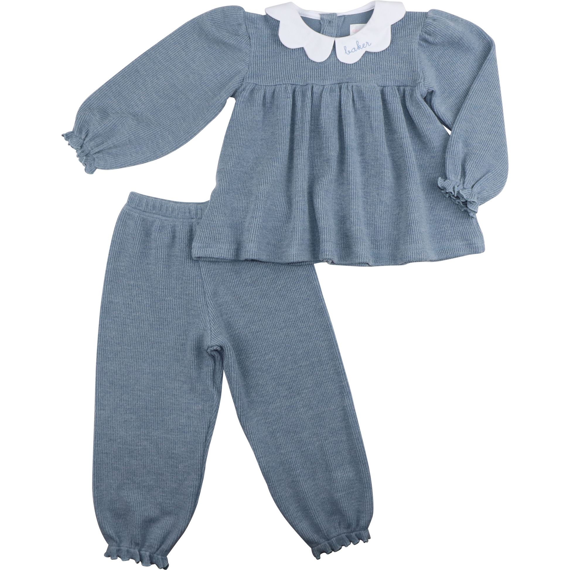 Blue Woven Sweater Scalloped Collar Pant Set