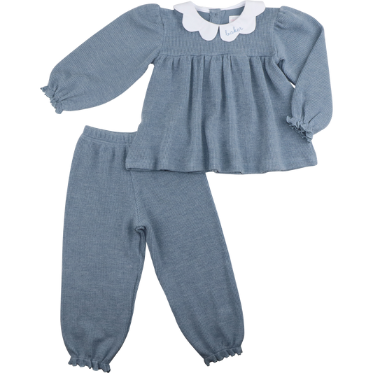 Blue Woven Sweater Scalloped Collar Pant Set