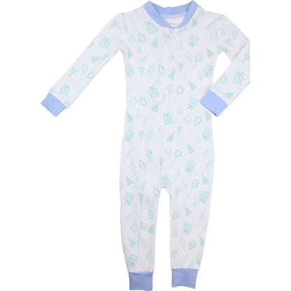 Blue and Green Birthday Print Knit Zipper Pajamas