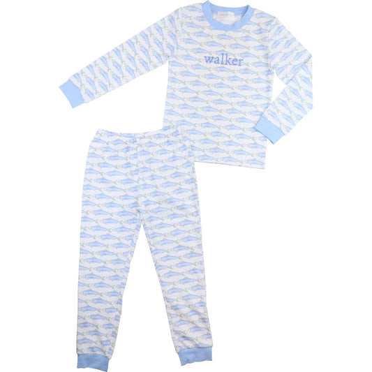 Blue and Green Trout Print Knit Pajamas