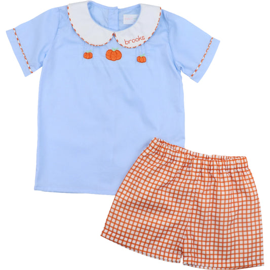 Blue and Orange Embroidered Pumpkin Short Set