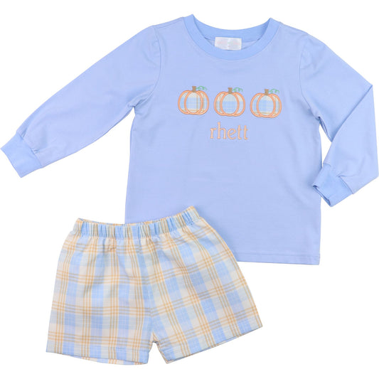 Blue and Orange Plaid Applique Pumpkin Short Set