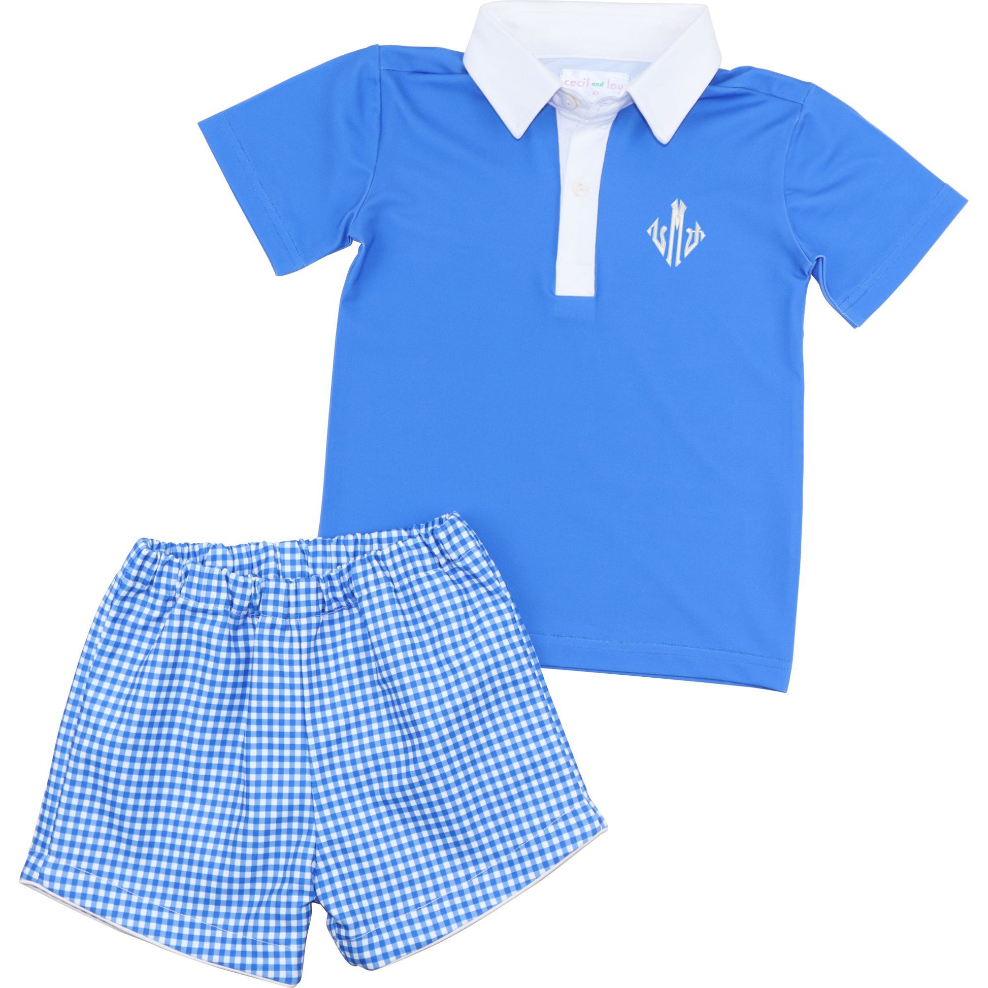 Blue and white polo shirt and checkered shorts set on a white background