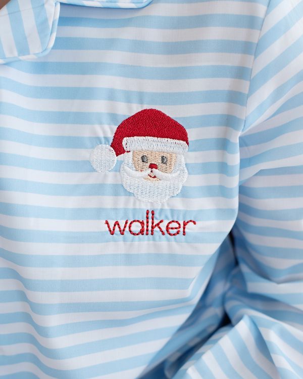 Blue and white striped baby outfit with Santa Claus face and 'walker' monogram