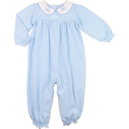 Blue and white striped baby romper with a collar on a white background