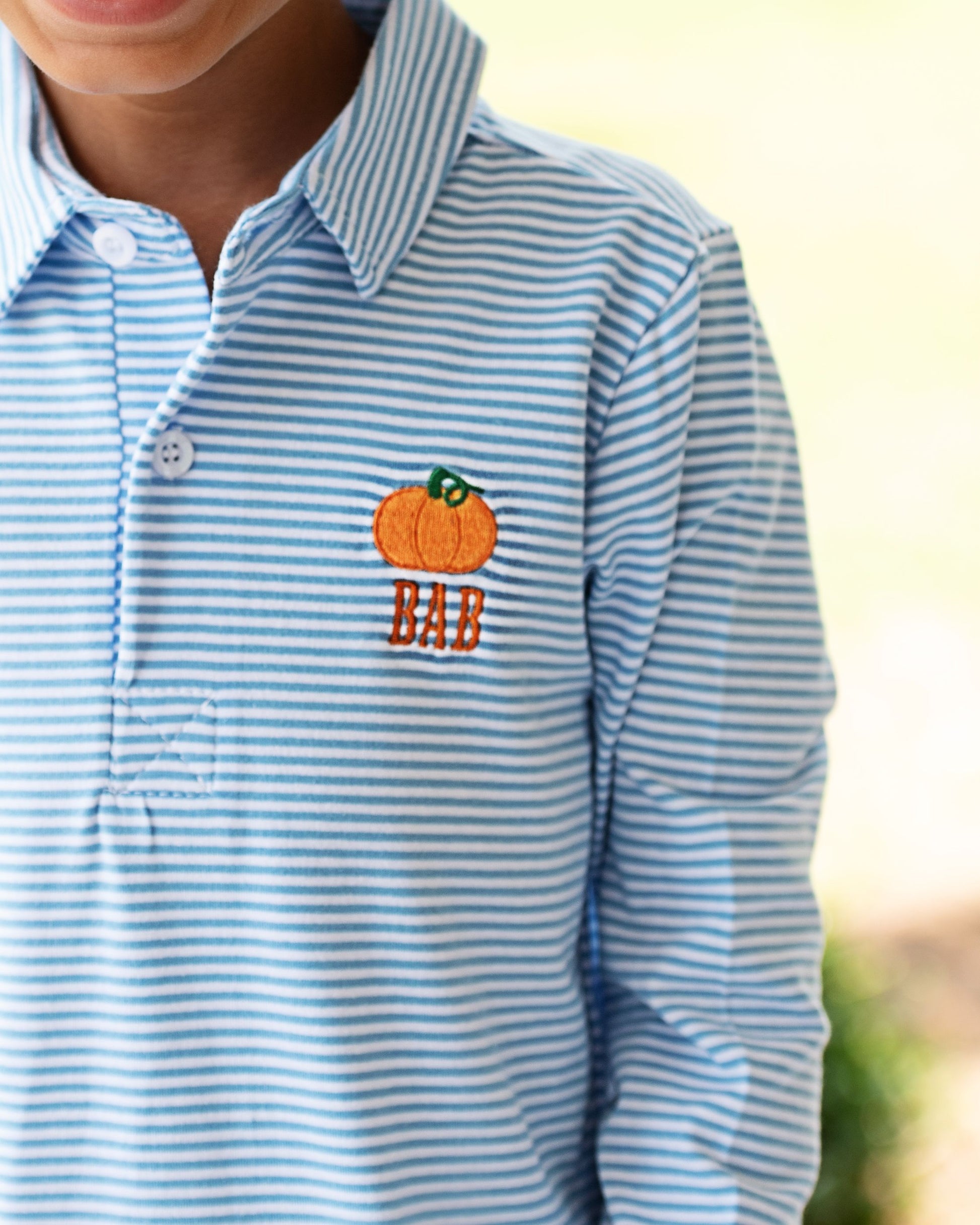 Blue and white striped shirt with a pumpkin design on a blurred background