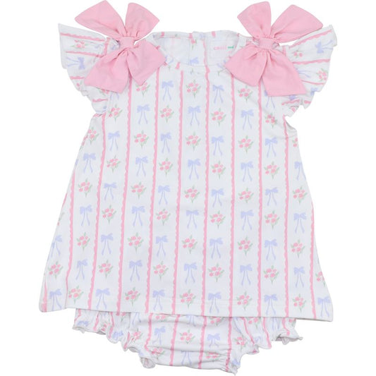 Baby romper with pink bows and floral pattern on a white background