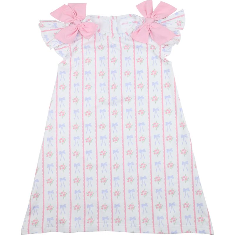 Baby dress with pink bows and floral pattern on a white background
