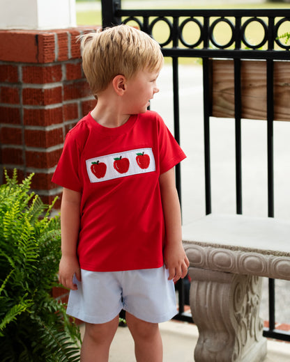 Boy looking off guard wearing a red top with smocked apples and blue shorts.