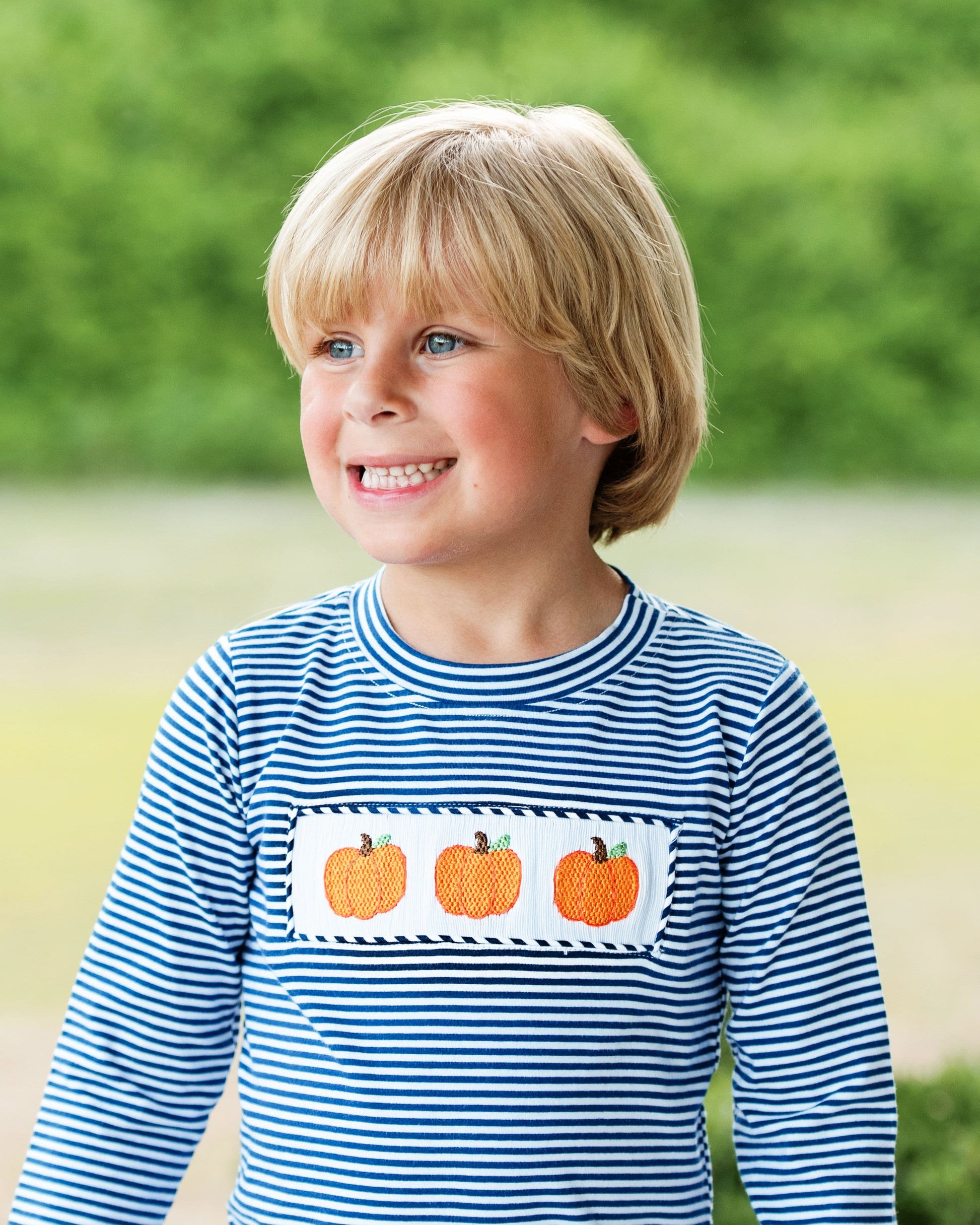 Boy navy stripe smocked pumpkin shirt
