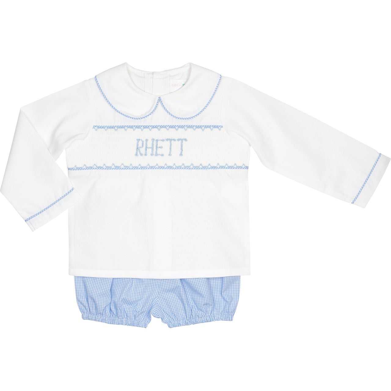 Boy's Blue Gingham Custom Smocked Diaper Set