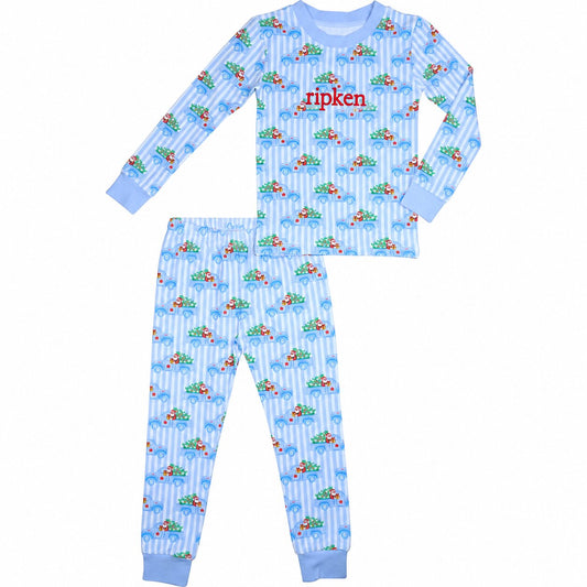 Boy's Blue Striped Santa Truck Knit Pajamas1