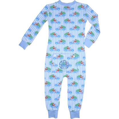 Boy's Blue Striped Santa Truck Knit Zipper Pajamas