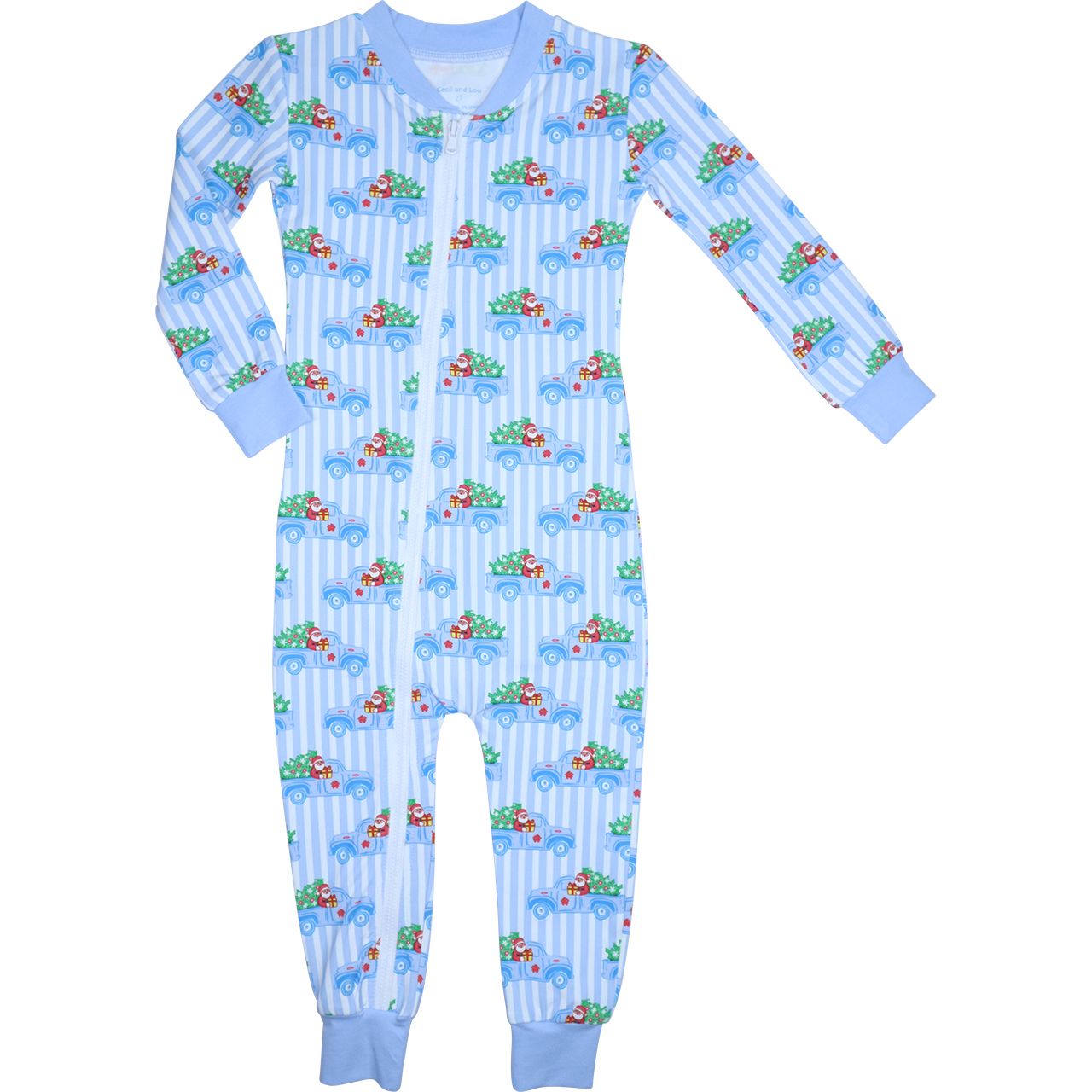 Boy's Blue Striped Santa Truck Knit Zipper Pajamas