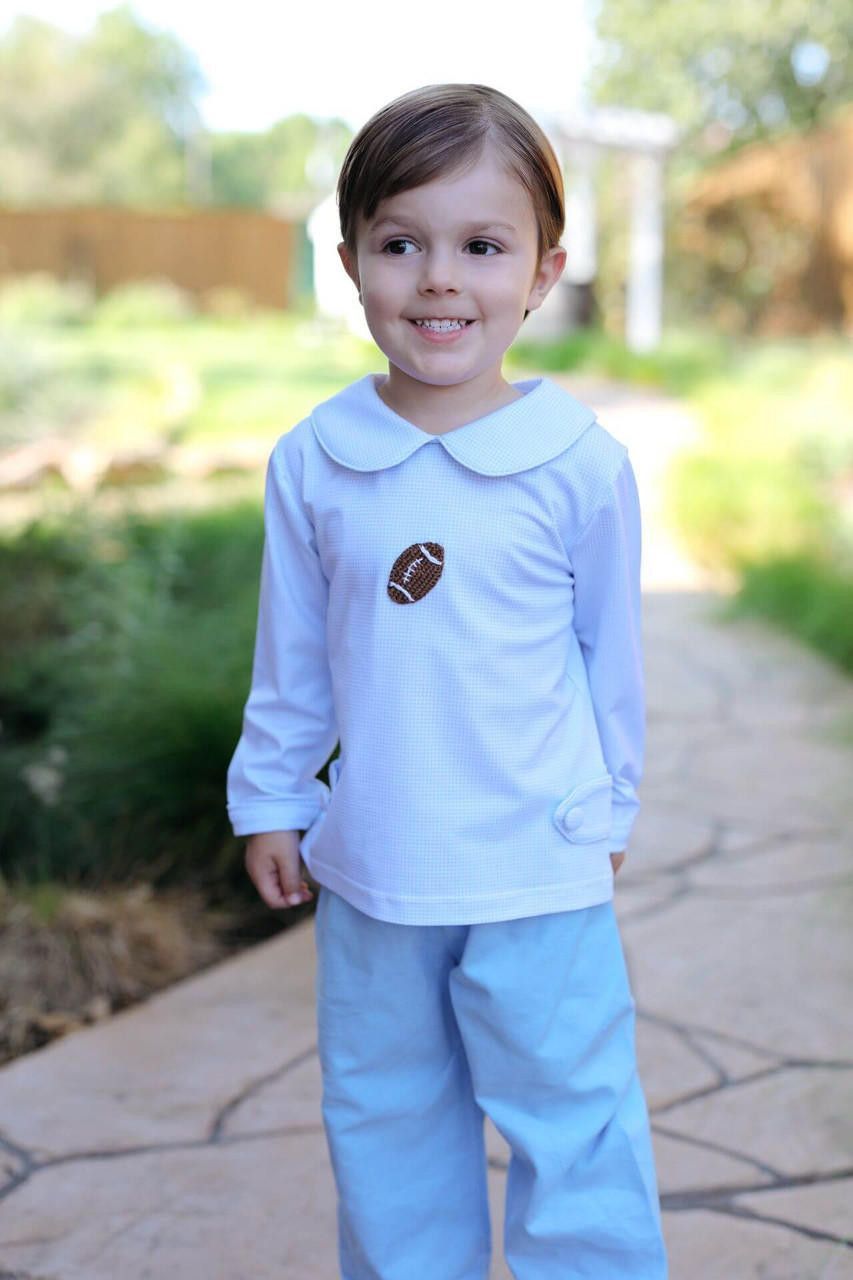 Boy wearing Blue Crochet Football Ankle Pant Set
