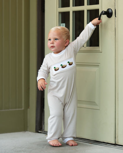 Boy wearing Khaki Stripe Knit Smocked Mallard Long Romper