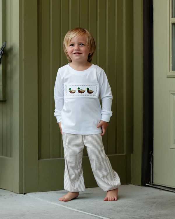 Boy wearing Khaki Stripe Knit Smocked Mallard Pant Set