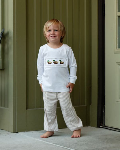 Boy wearing Khaki Stripe Knit Smocked Mallard Pant Set