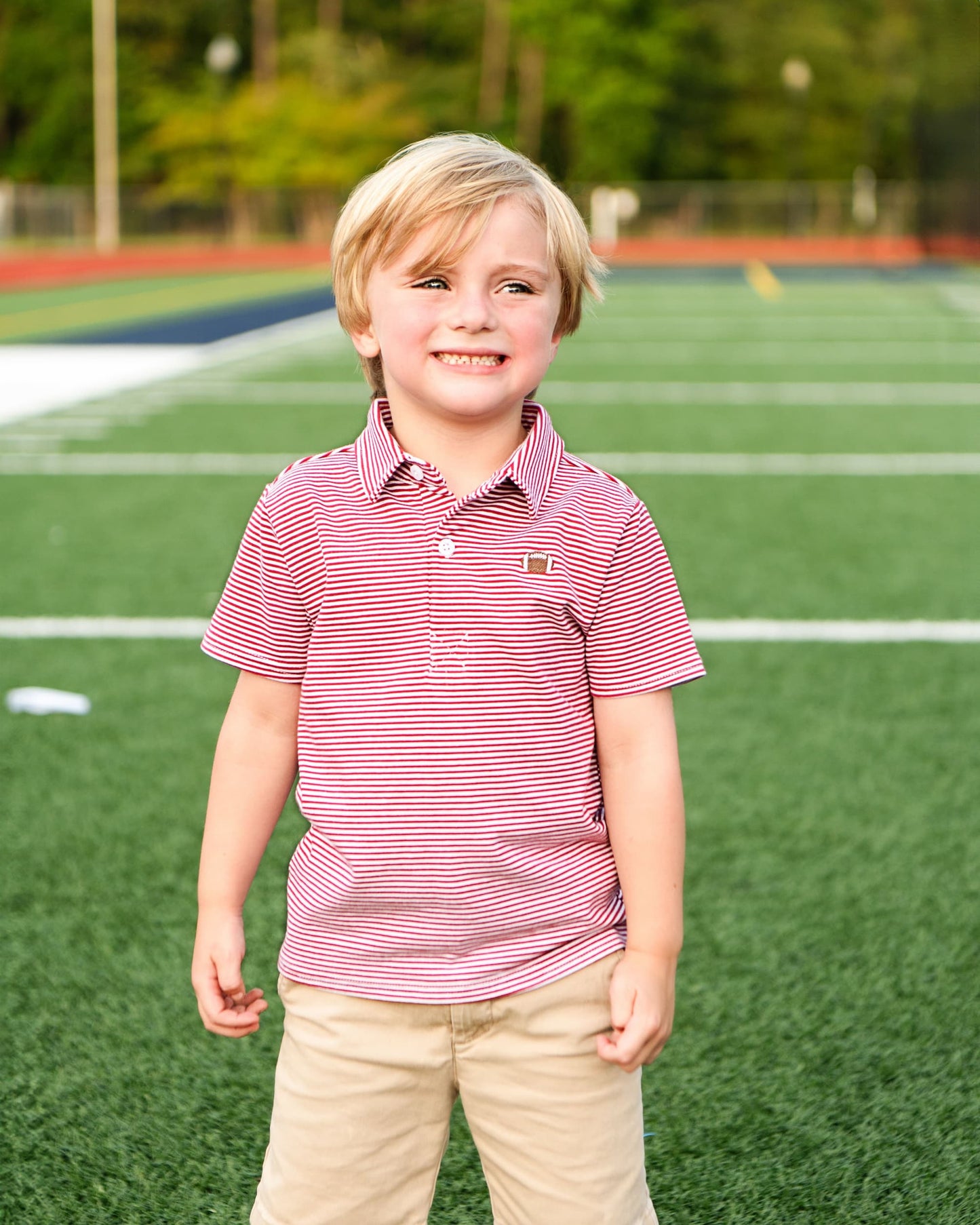 Boy wearing Maroon Striped Knit Embroidered Football Polo Shirt