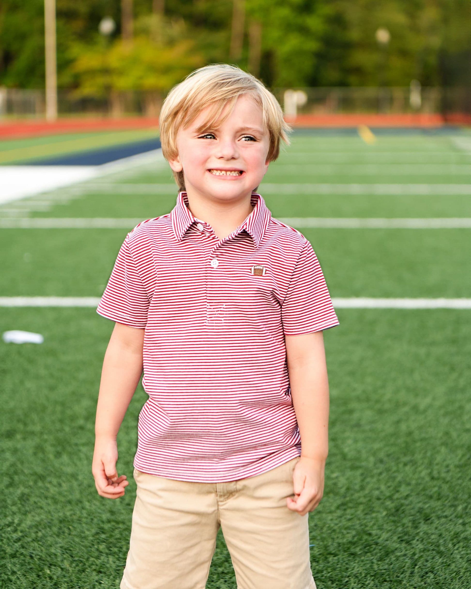 Boy wearing Maroon Striped Knit Embroidered Football Polo Shirt