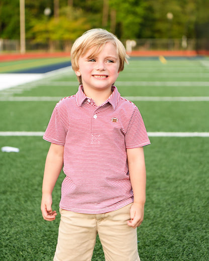 Boy wearing Maroon Striped Knit Embroidered Football Polo Shirt