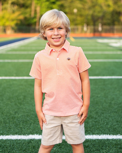 Boy wearing Orange Striped Knit Embroidered Football Polo Shirt
