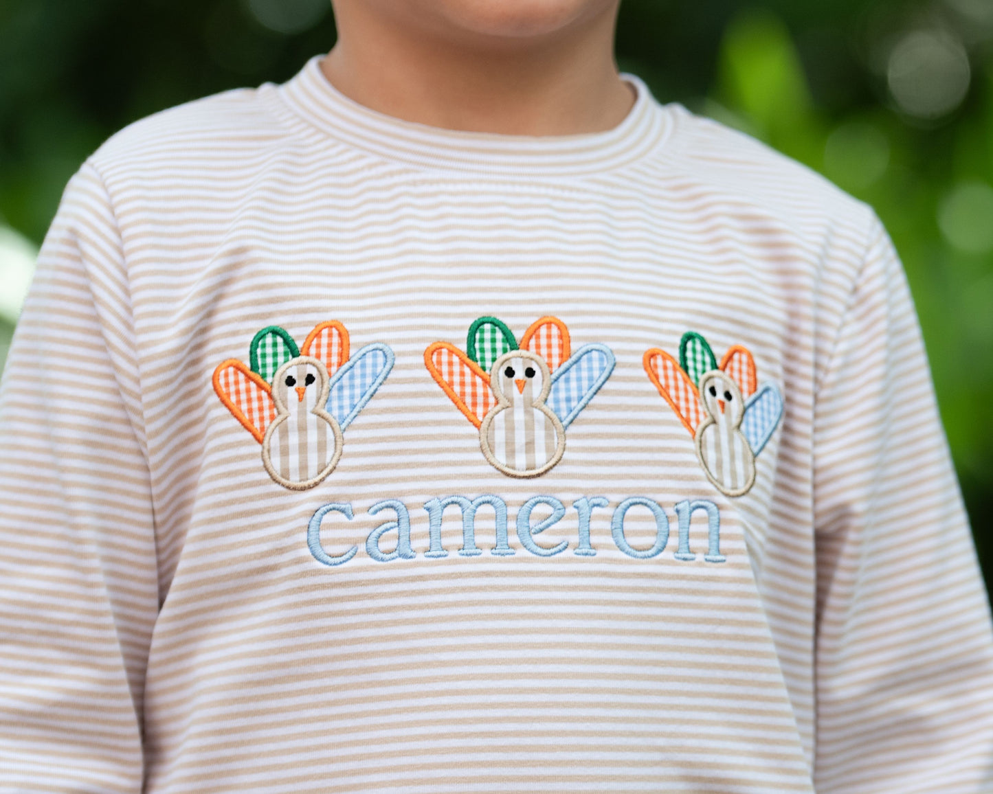 Boy  wearing a striped shirt with embroidered turkeys and the name 'Cameron'.