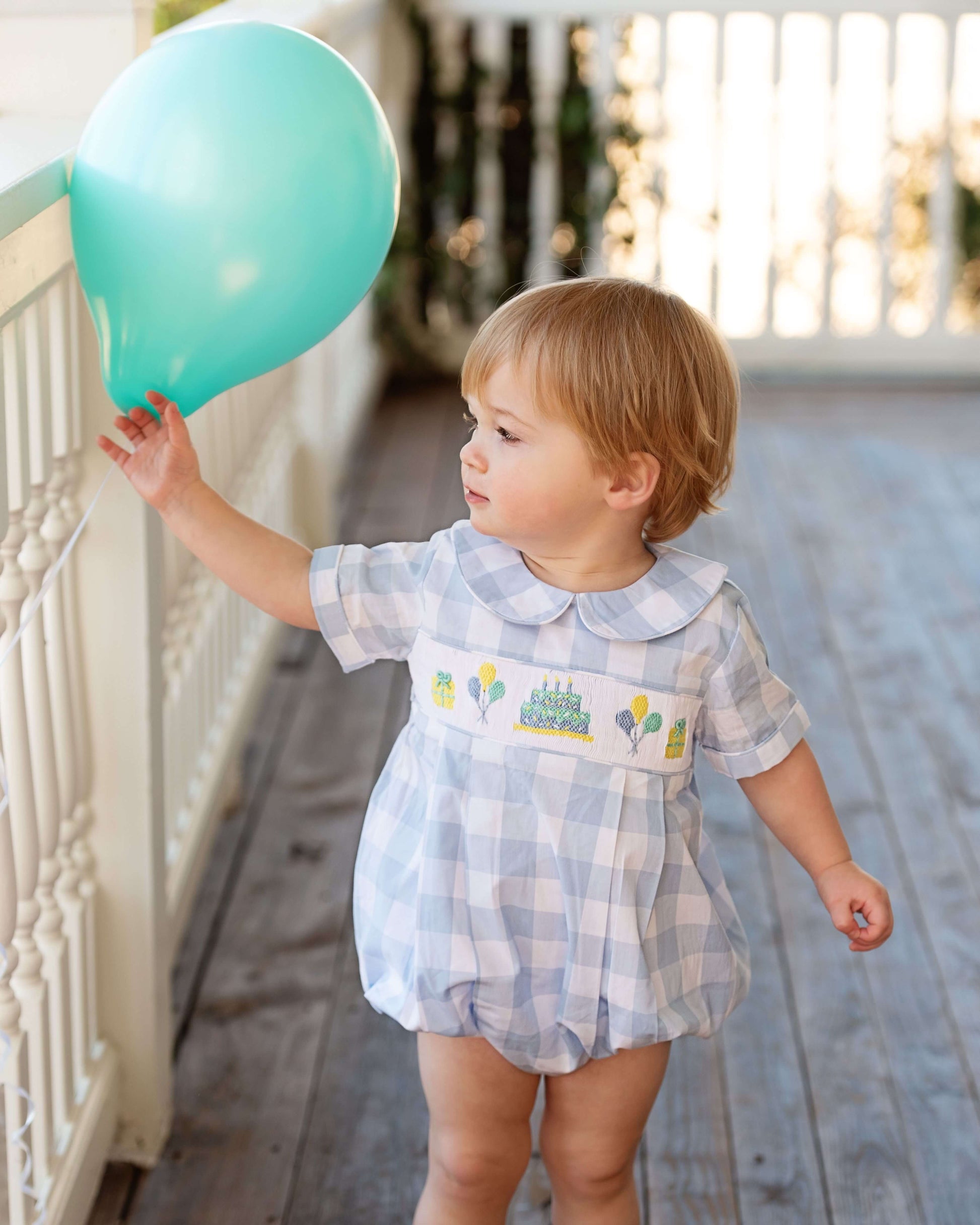 Blue Check Smocked Birthday Bubble Size 2T