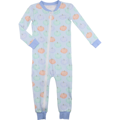 Boy zipper pajama with pumpkin pattern on a light blue background