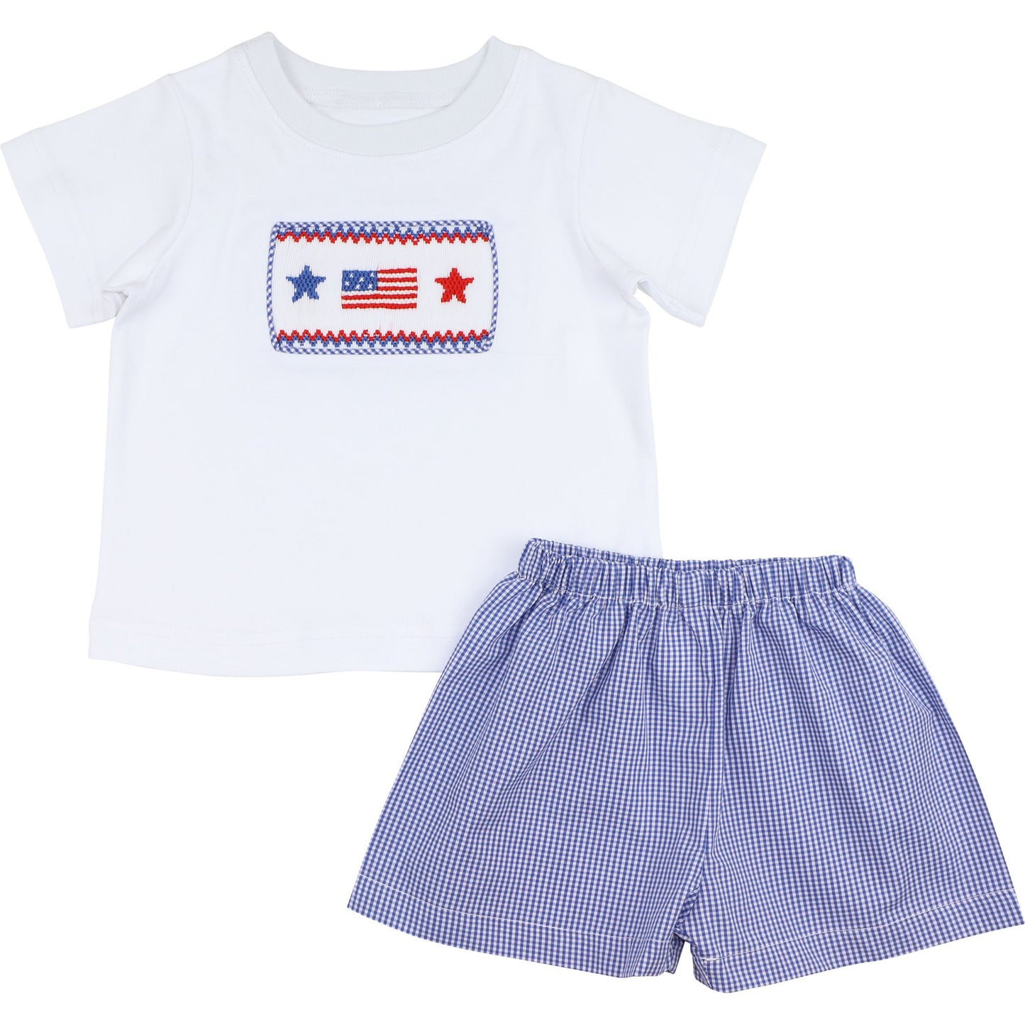 Navy Gingham Smocked Flag And Star Short Set