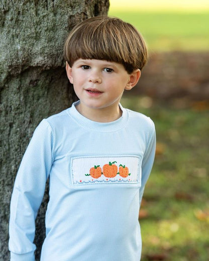 Blue Knit Gingham Smocked Pumpkin Shirt
