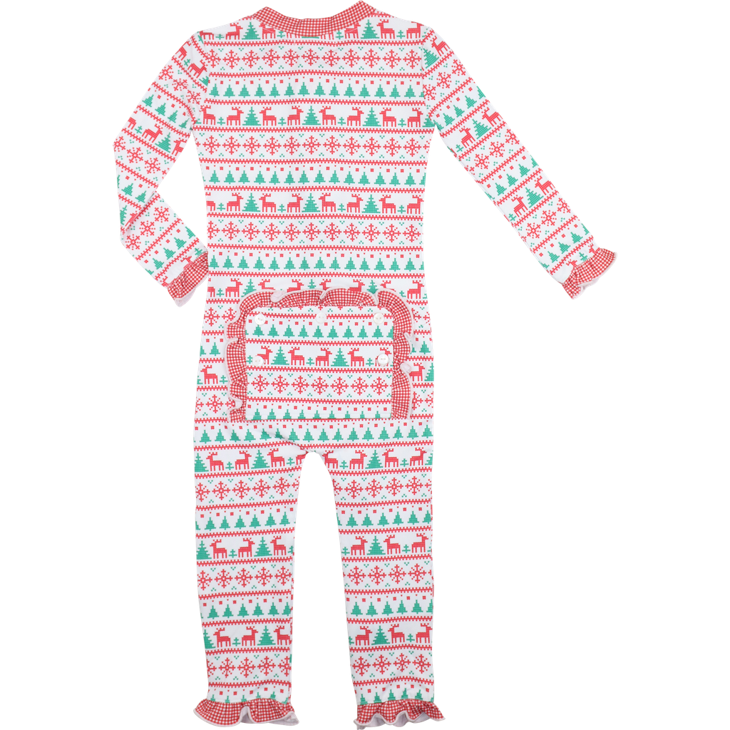 Red And Green Christmas Print Knit Ruffle Zipper Pajamas