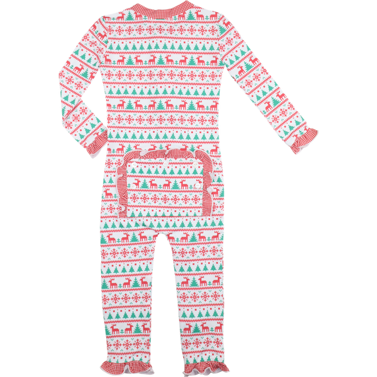 Red And Green Christmas Print Knit Ruffle Zipper Pajamas
