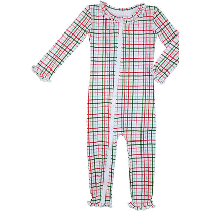 Red And Green Plaid Windowpane Knit Ruffle Zipper Pajamas