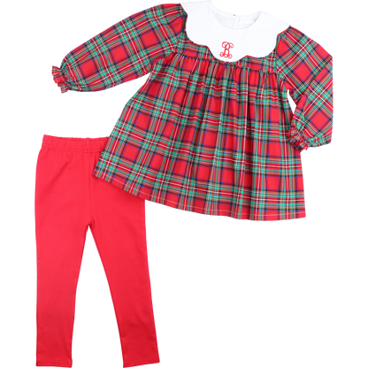 Red Christmas Plaid Scalloped Collar Legging Set