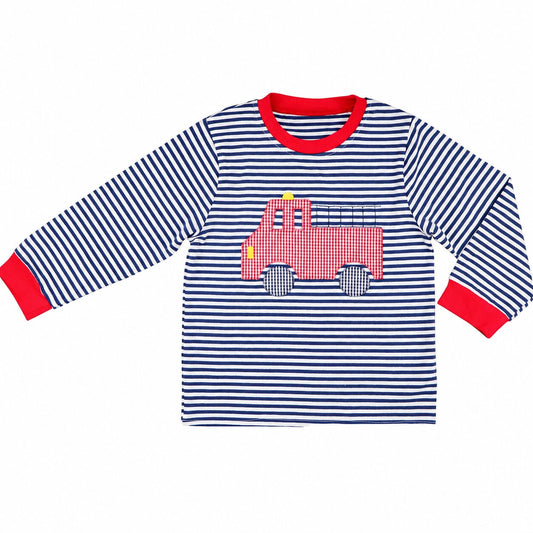Navy And Red Striped Knit Applique Firetruck Shirt