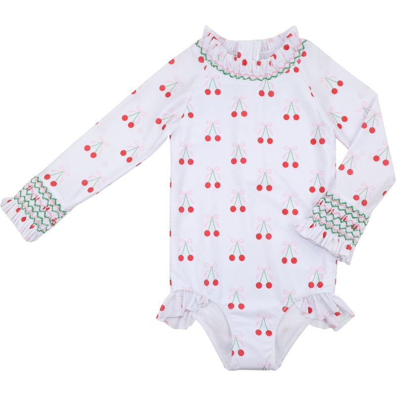 Cherry Print Smocked Long Sleeve Swimsuit