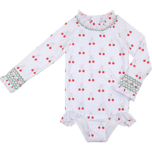 Cherry Print Smocked Long Sleeve Swimsuit