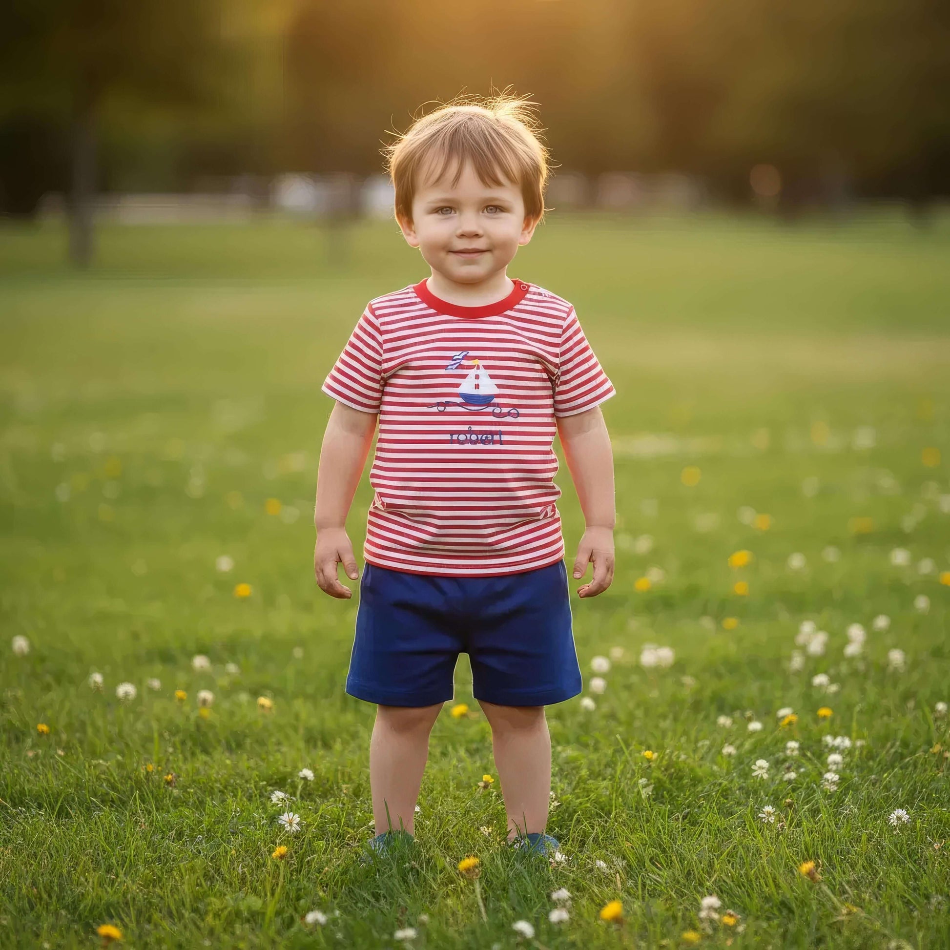 Child wearing a red and white striped shirt and blue shorts standing in a grassy field with flowers.