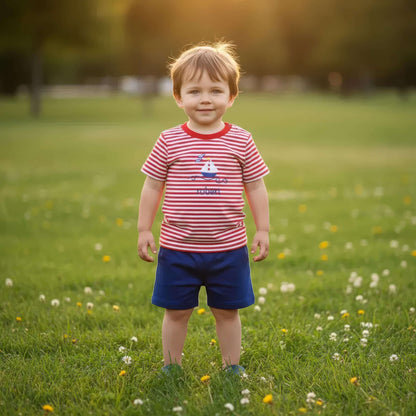 Child wearing a red and white striped shirt and blue shorts standing in a grassy field with flowers.