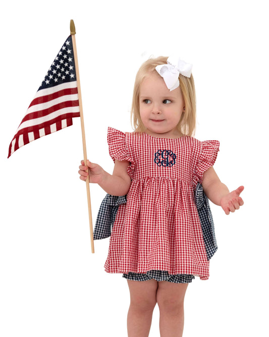 Child wearing a red checkered dress with a blue sash, holding an American flag on a white background