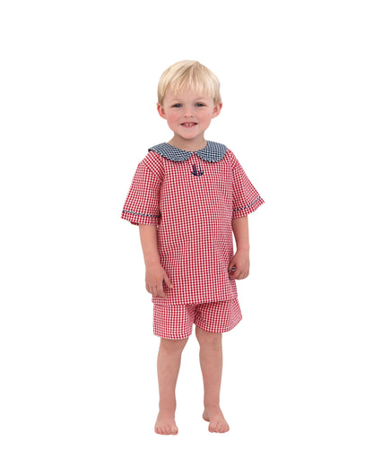 Child wearing a red checkered outfit with a blue collar on a white background